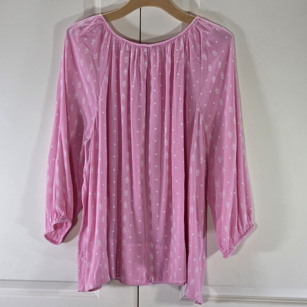 Crown & Ivy Pink Peasant Blouse Top XL Boho Floral Dot 3/4 Sleeve Gauze Barbieco - Picture 5 of 11